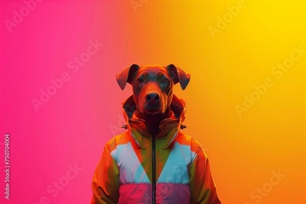 Fototapeta Serious Character with Dog Head, wearing a reflective jacket with pink and yellow background. Created by Generative AI
