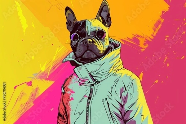 Fototapeta Serious Character with French Bulldog Head, wearing a reflective jacket with pink and yellow background. Created by Generative AI