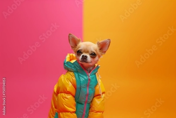 Fototapeta Serious Character with Dog Head, wearing a reflective jacket with pink and yellow background. Created by Generative AI