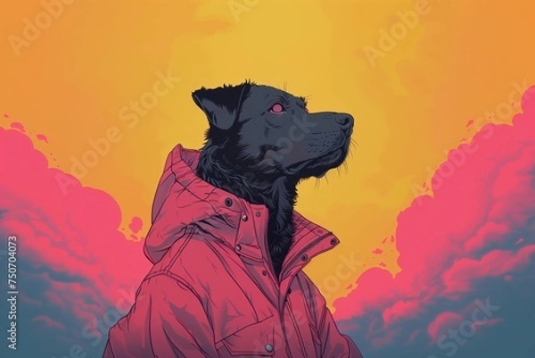 Fototapeta Serious Character with Dog Head, wearing a reflective jacket with pink and yellow background. Created by Generative AI