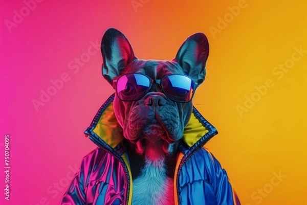 Fototapeta Serious Character with French Bulldog Head, wearing a reflective jacket with pink and yellow background. Created by Generative AI