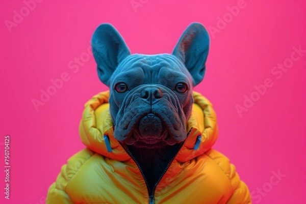 Fototapeta Serious Character with French Bulldog Head, wearing a reflective jacket with pink and yellow background. Created by Generative AI