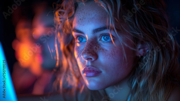 Fototapeta Radiant faces illuminated by the glow of laptop screens, late-night study session in progress.