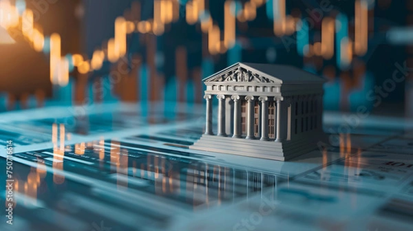Obraz bank model on the table with stock market background, financial institutions that control monetary and fiscal policy and interest rate
