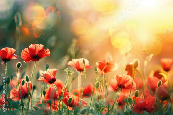 Fototapeta Beautiful meadow with red poppy flowers in the sunlight