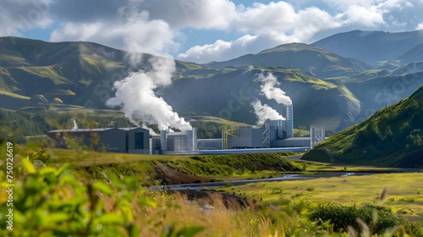 Fototapeta A geothermal power plant nestled within a mountainous region