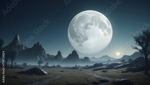 Fototapeta 3d rendering  Moonlit Landscape. Generative AI