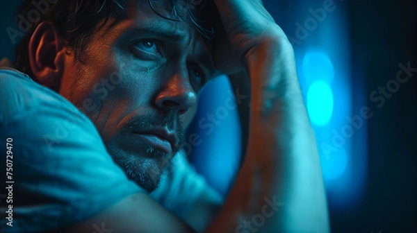 Fototapeta Attractive depressed and upset man at home bedroom . dramatic lifestyle portrait of 30s to 40s handsome guy sitting sad on bed feeling worried and desperate suffering depression problem