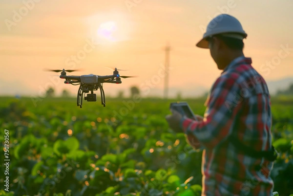 Fototapeta Farmer in the field using drone. Neural network generated in January 2024. Not based on any actual scene or pattern.