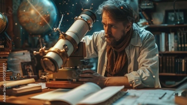 Fototapeta The Astronomer's Nighttime Vigil: Exploring the Cosmos from an Observatory, Guided by Telescopes, Books, and Star Charts for Groundbreaking Discoveries