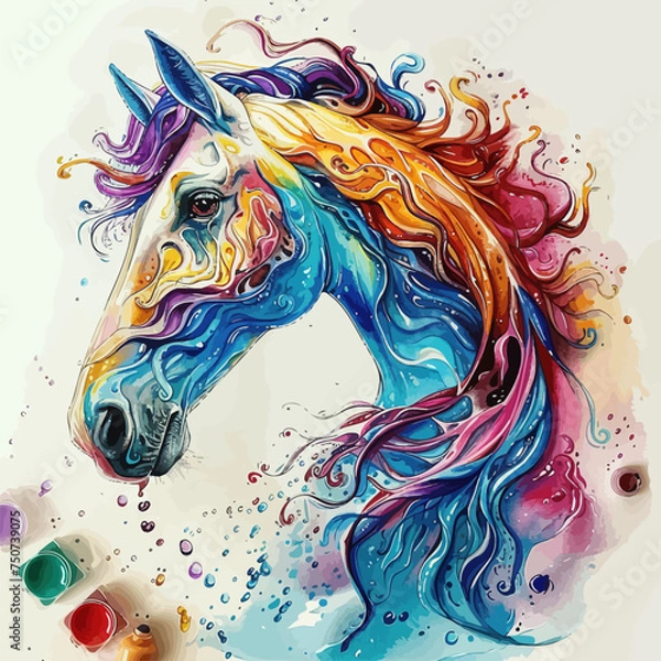 Fototapeta Portrait of a running horse with a colorful fur and abstract paint splashes. Picturesque vector portrait for wall art, posters, banners, t-shirts, mugs, cases, etc. vector