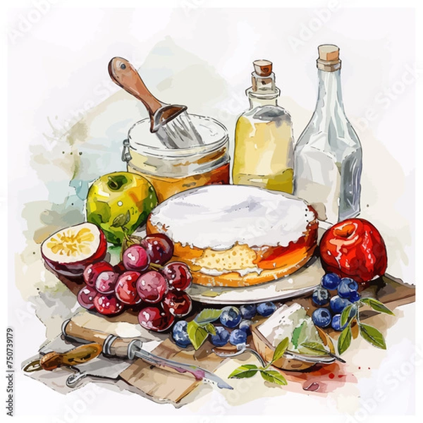 Fototapeta Vintage watercolor still life Illustration with fruits in rustic style vector