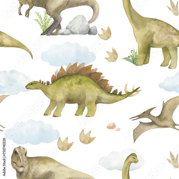 Fototapeta Watercolor seamless pattern with illustration of a dinosaurs and paw prints, clouds. For children's room decor, wallpaper, textile