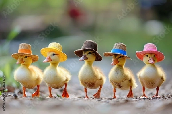 Obraz Ducklings in Hats Walking Down a Path