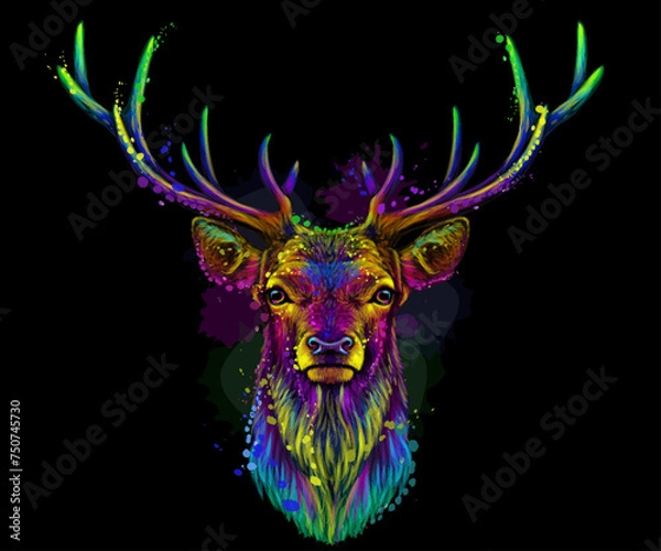 Fototapeta Abstract, multicolored portrait of a deer in watercolor style on a black background.