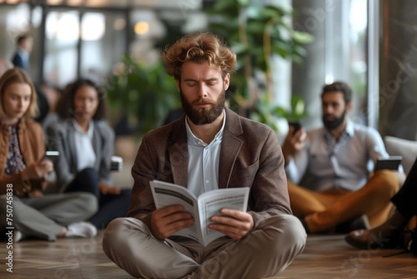 Obraz Elegant dressed man reading a book on the floor with his legs crossed.