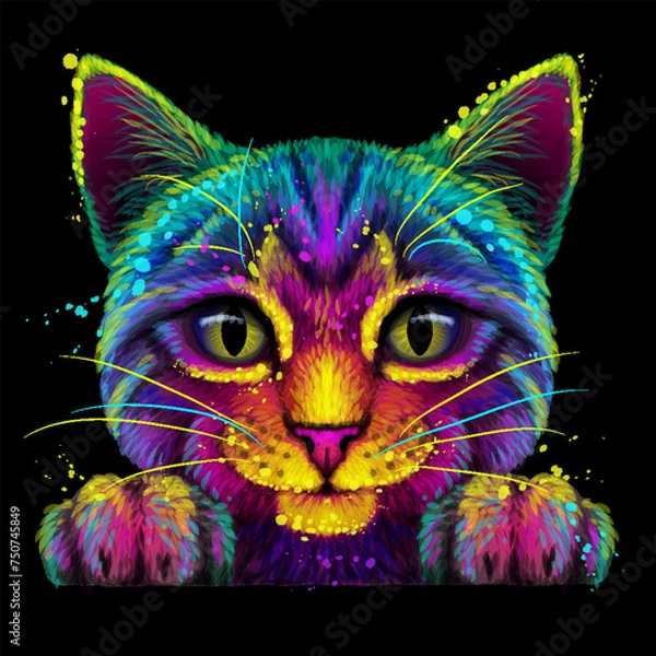 Fototapeta Abstract, multicolored portrait of a smooth-haired cat in watercolor style on a black background. 