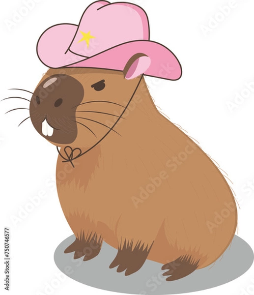 Obraz A funny angry capybara wears a pink cowboy hat. Cartoon flat vector style. Postcard, poster, sticker. 