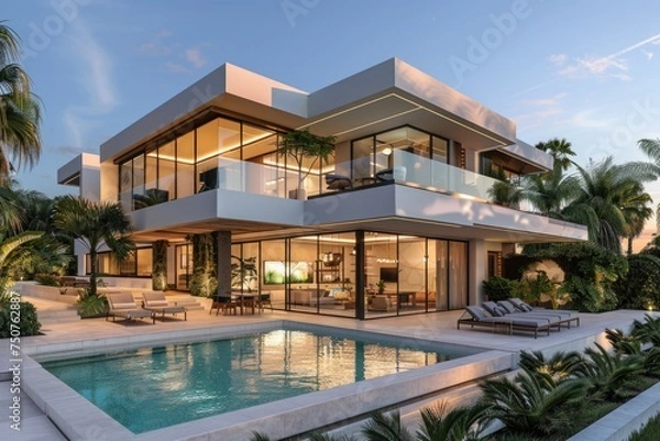 Obraz exterior perspective view af a very modern villa in marbella, two floors, large glass vindows, exterior garden pool, very high details, high resolution, turquoise sky, 3D model