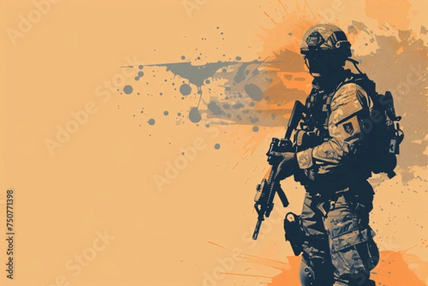 Fototapeta Silhouette of a soldier with an orange grunge background