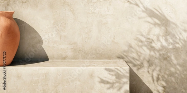 Fototapeta Olive tree shadow on beige rustic wall with clay pot. Summer mediterranean traditional home architecture design, neutral aesthetic. Texture paint plaster facade mockup background.