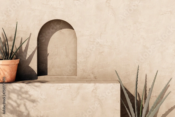 Fototapeta Empty texture stucco wall with shade and aloe clay pot. Summer background with traditional home exterior. Architecture design with neutral rustic aesthetic.
