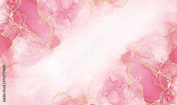 Fototapeta Pink alcohol ink mixed with glitter gold pattern elegant abstract ink flow art with translucent background.	