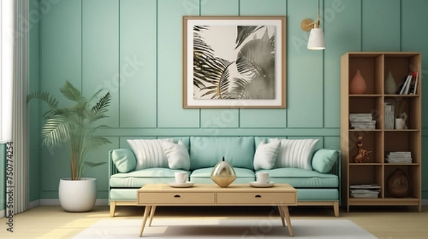 Fototapeta Vintage Inspired Living Space with Teal Wall, Mid-Century Modern Sofa and Botanical Print