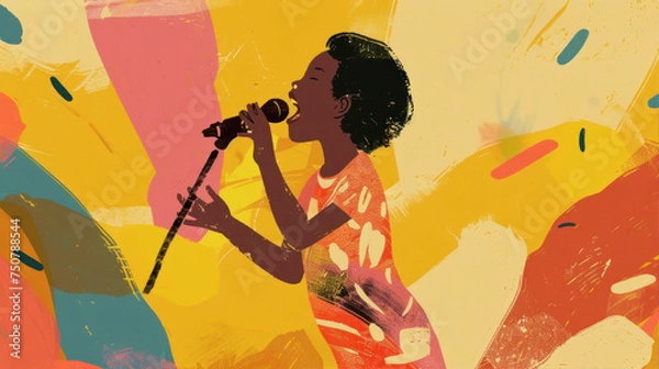 Obraz Child sings into a microphone on an abstract background
