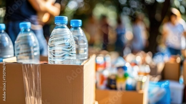 Fototapeta Volunteer food drive preparation with cardboard boxes full of canned goods and bottled water, illustrating community aid and support efforts in a warm, inviting atmosphere - AI generated