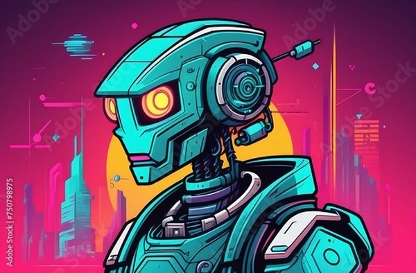 Fototapeta Cartoon illustration in style of comic book, cyberpunk robot on futuristic background, concept of post-apocalypse, dystopia, combat military technologies
