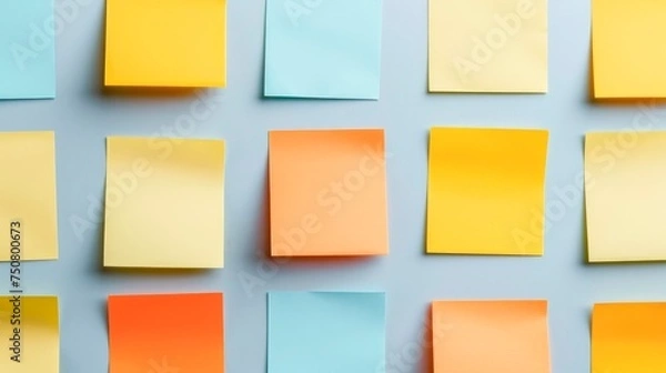 Fototapeta A lot of aesthetic pastel coloured sticky note  reminders on white background. Sun rays and shadows. Minimalist concept, brainstorm, horizontal wallpaper, 