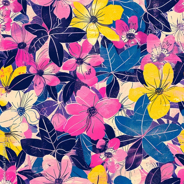 Fototapeta Risograph flower seamless pattern tile background