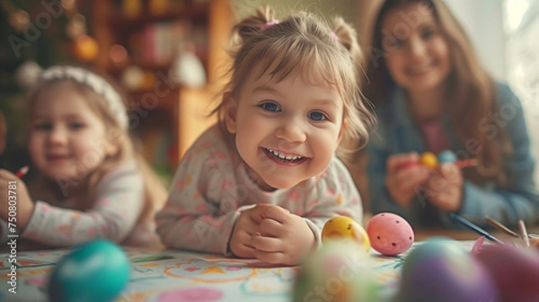 Fototapeta Happy little girl looking at the camera with her mom and sisters