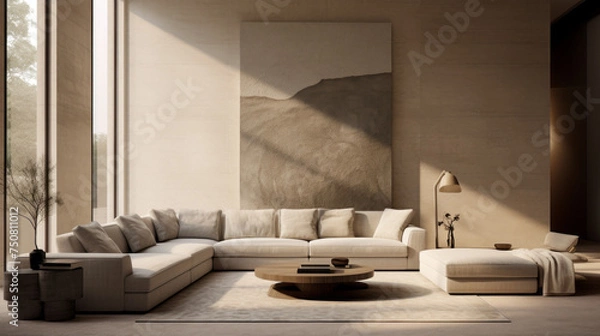 Fototapeta A modern living room featuring a textured wall finish in shades of beige