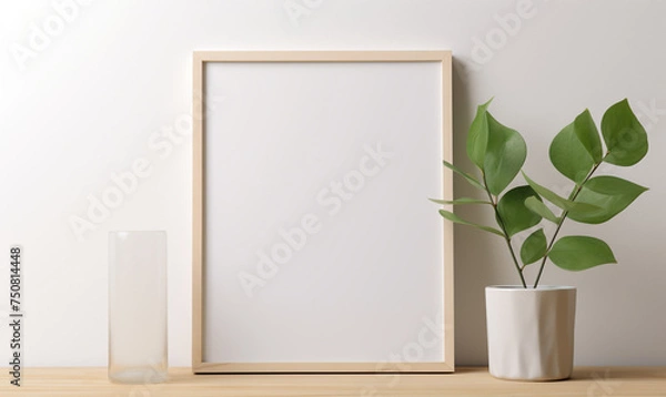 Fototapeta a wooden board and a framed poster mock up with green leaves on it сreated with Generative Ai