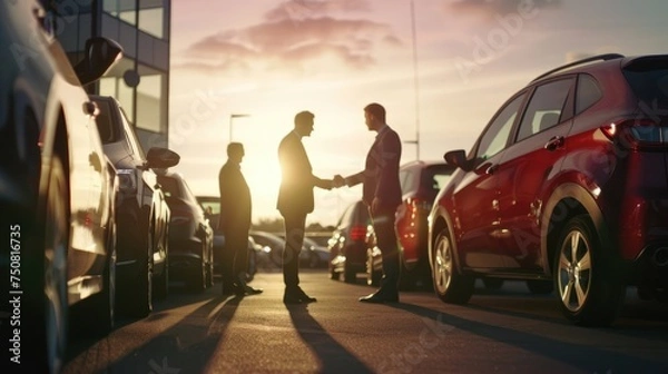 Fototapeta New beginnings at the dealership: Customers and salesperson handshake finalizing the purchase of a new car, a symbol of successful negotiation - AI generated