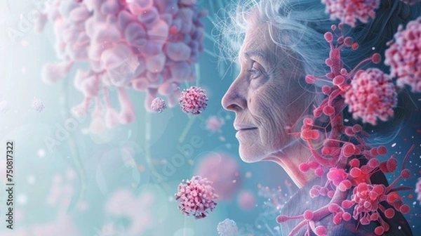 Obraz Digital art of an elderly woman with viral particles highlighting the concept of aging and susceptibility to infections