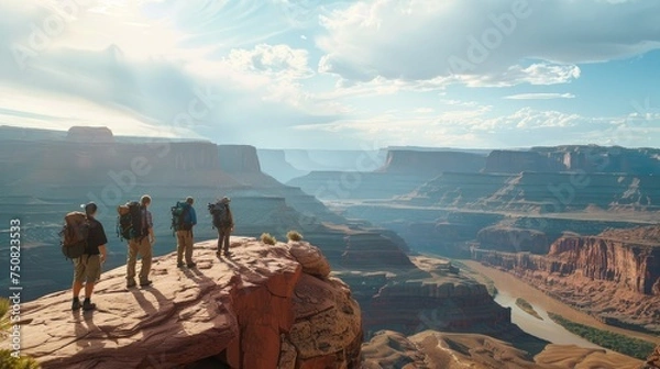 Fototapeta Wilderness collaboration canvas: Showcasing the collaborative spirit of a team immersed in nature's grandeur, underlining the inherent connection between humans and the awe-inspiring environment.