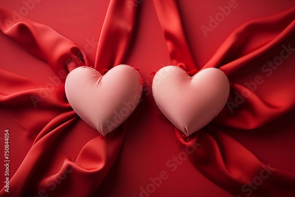 Obraz Two hearts on a red silk background