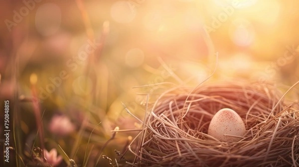 Fototapeta egg in a nest, a dreamy morning background