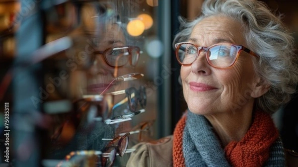 Fototapeta A senior citizen trying on prescription glasses for the first time, looking out a window with a smile, in a warm, inviting eyewear shop with a variety of frames on display