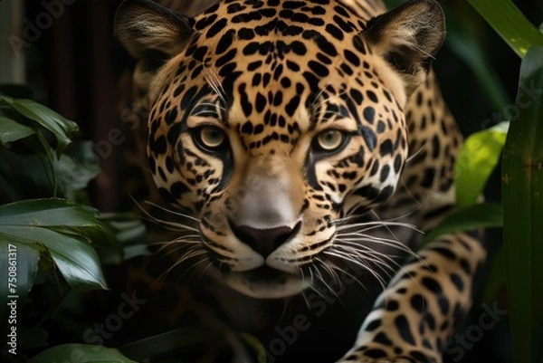Fototapeta Jaguar in Zoo interacts with visitors., generative IA