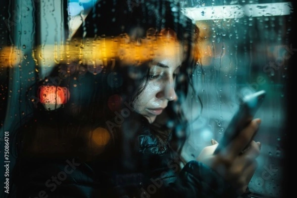Fototapeta sad pretty woman in the metro who are all on their smartphones, Realistic lighting, mirroring and shadows, rain drops on the glas window and blury backround, upset cinematic mood