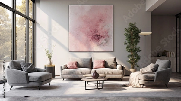Fototapeta A modern living room with a gray sofa and a pink armchair