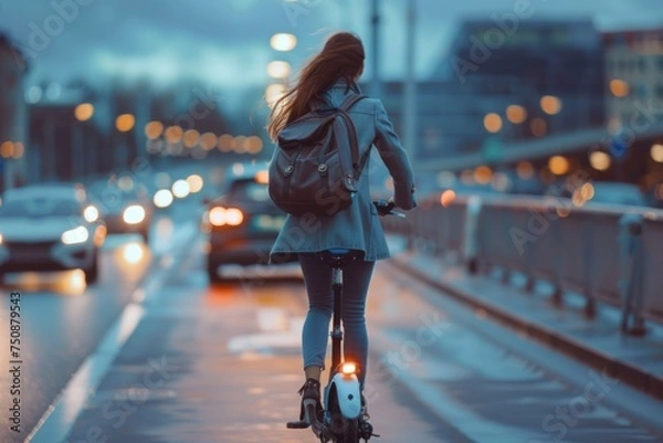 Fototapeta pretty businesswoman in a suit and a backpack rides an e-scooter over a bridge, slightly blurry vehicles drive past her, you can just make out the lights, as it is a scene in the late afternoon