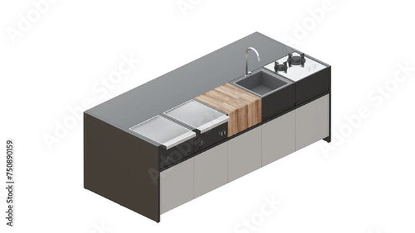 Obraz 10 isometric projection of a kitchen, with island, stool, sink, grill, bbq, desk, black, outdoor, 3d rendering