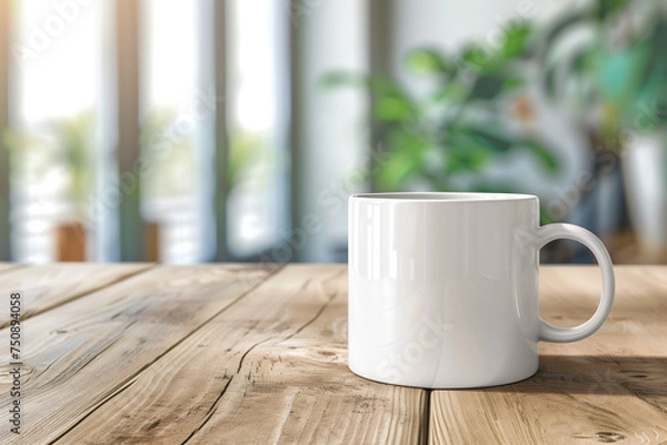 Fototapeta Blank White Mug on Wooden Table with Interior Background for Mug and Coffee Cup Mockup