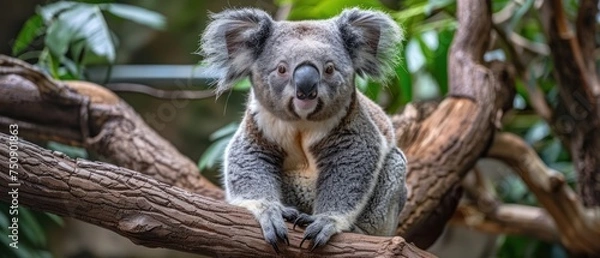 Obraz a close up of a koala on a tree branch with leaves in the background and a fence in the foreground.