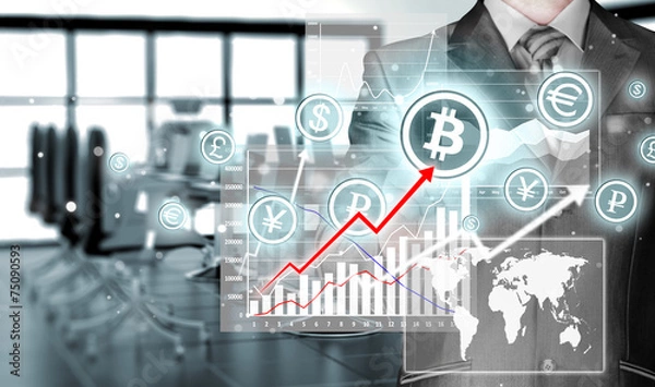 Fototapeta Choosing bitcoins, businessman pressing touch screen button.